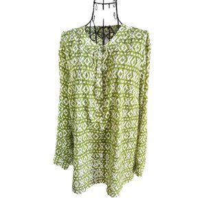 CHICO'S Sheer Eyelash Long Sleeve Pullover Tunic in Green & White SIZE LG-12